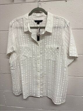 Tommy Hilfiger White Short-Sleeve Textured Stripe Button-Down Shirt